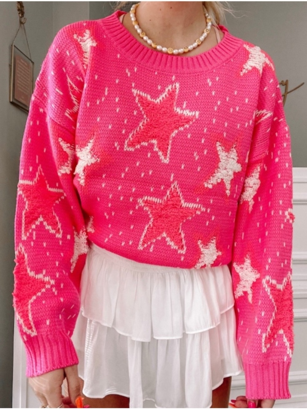 Sassy Shortcake Bright Pink Star Pattern Crewneck Sweater